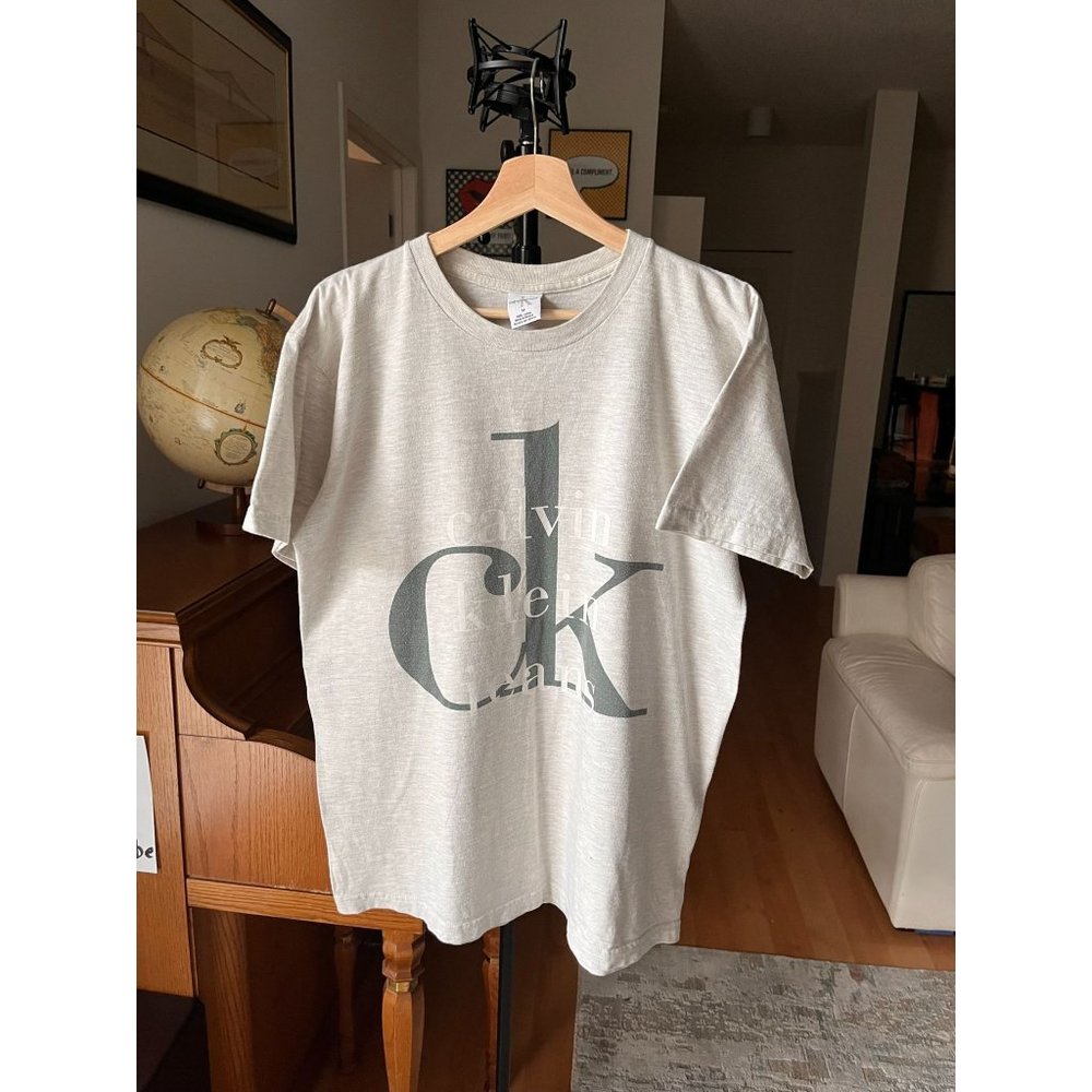 CALVIN KLEIN JEANS VINTAGE MENS LOGO T SHIRT SIZE M GREY WHITE BLACK 90S Y2K
